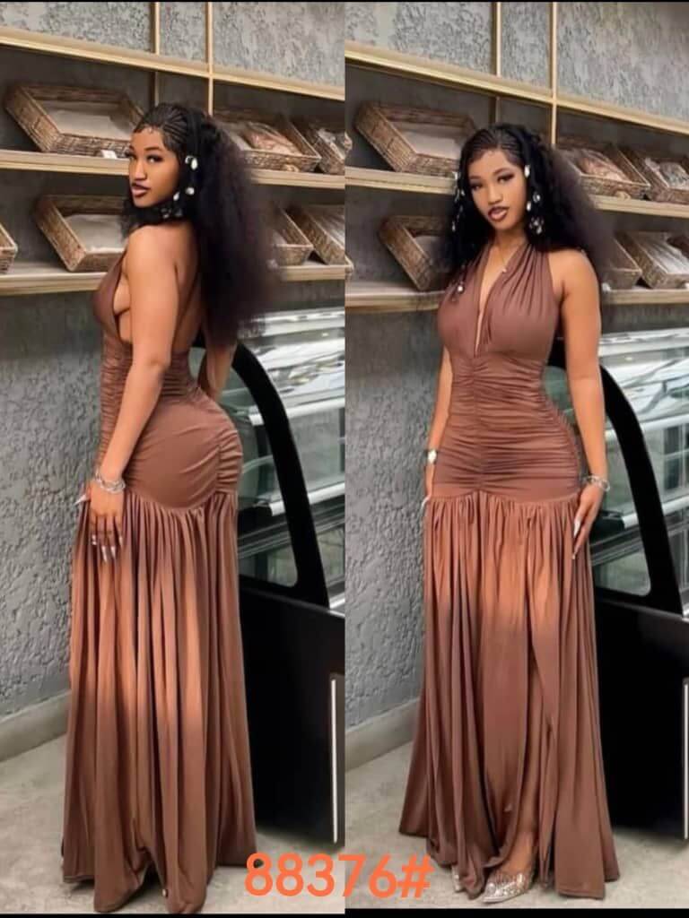 Bronze Halter Neck High-Slit Dress – Glamorous & Sexy