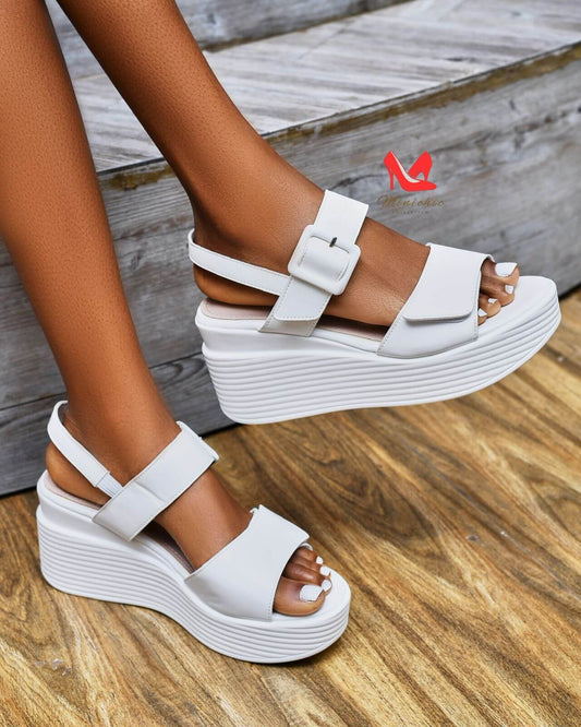 Nana Platform White sandals featuring a stylish wedge design, perfect for summer outings and casual wear.