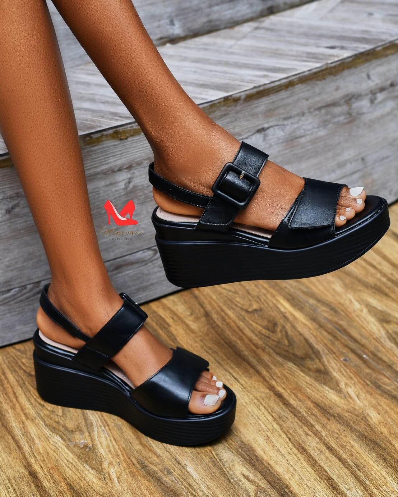 Nana Platform Black stylish wedge sandals with adjustable strap and trendy design, perfect for casual summer outfits.