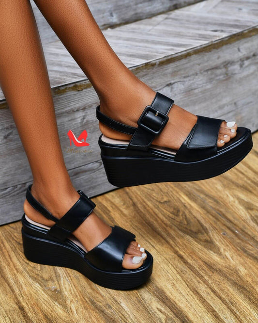 Nana Platform Black stylish wedge sandals with adjustable strap and trendy design, perfect for casual summer outfits.