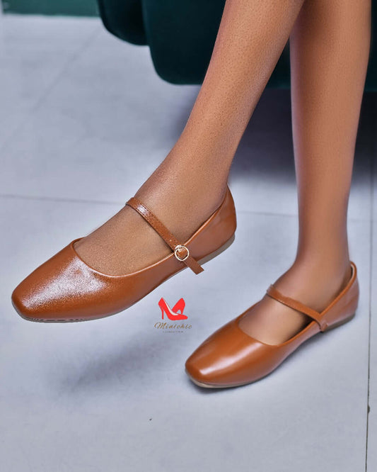 Ballerina Brown flat shoes with strap detail, perfect for stylish and comfortable everyday wear.