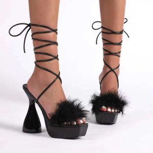 Fur Laced Black Heel - Minichic collection